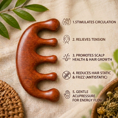PREMIUM WOOD GUASHA SCALP COMB (5-Tooth Meridian) - Scalp Stimulation, Acupoint Massaging and Hair Growth Promotion